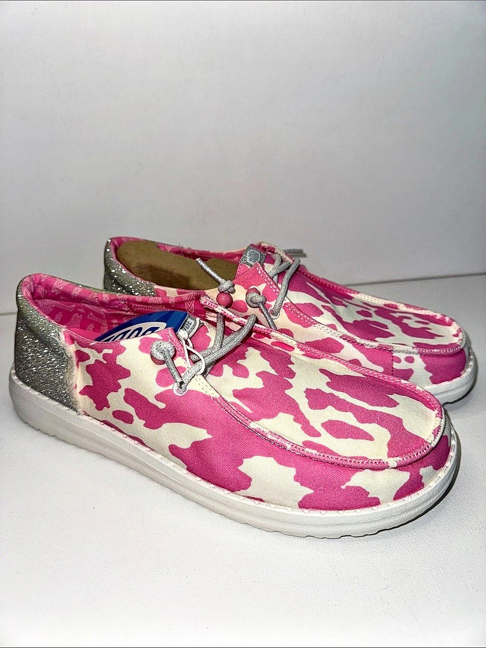 HEYDUDE Wendy Funk Cowgirl Bling Pink Cow Print Slip-On Loafers Shoes